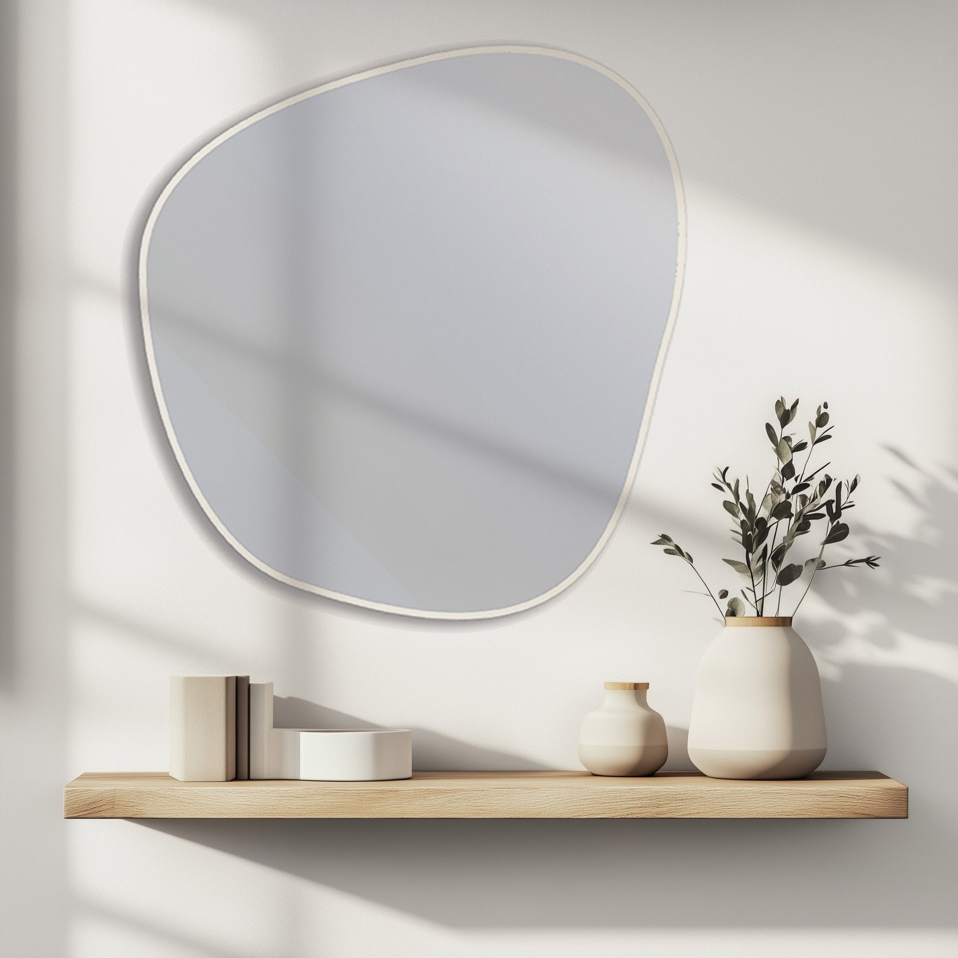 Organic 70x60cm Duo aluminium mirror with irregular shape mounted on a white wall above a minimalist wooden shelf with neutral decor.