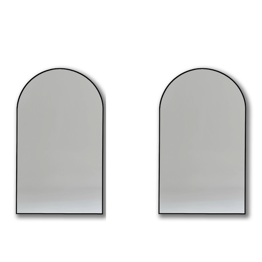 Arch 70 x 55cm Duo - Aluminium Mirrors Set featuring two minimalist arched mirrors with black frames, ideal for modern interiors.