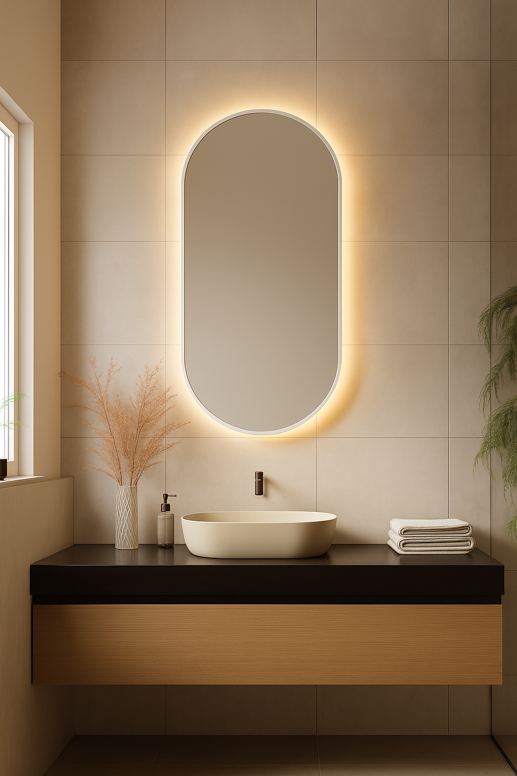 100 x 55 cm Pill Shaped Aluminium Mirror-LED