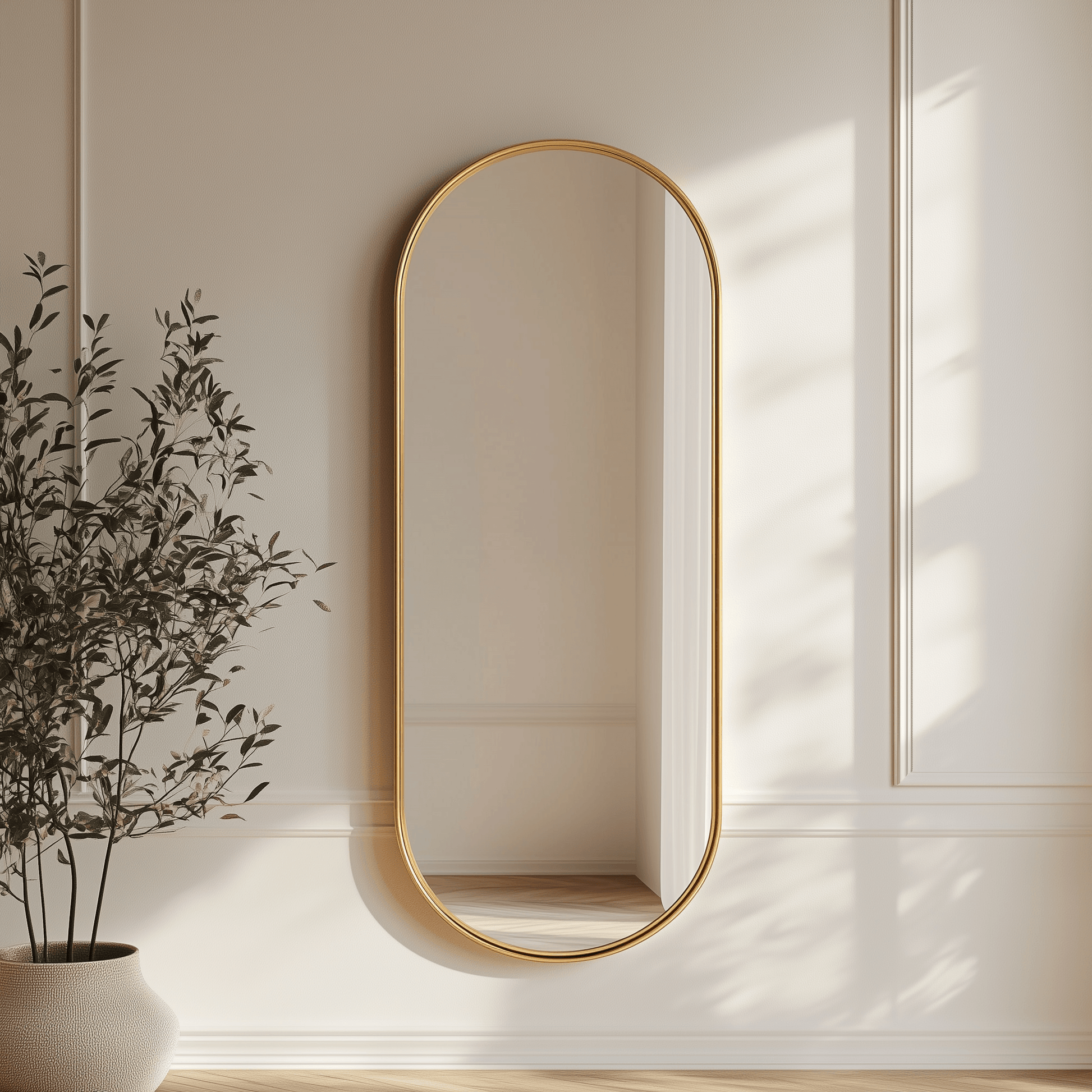 Pill 100 x 55 Duo - Aluminium Mirrors Set features a sleek pill-shaped gold-framed mirror, perfect for modern interiors. Locally crafted in South Africa.