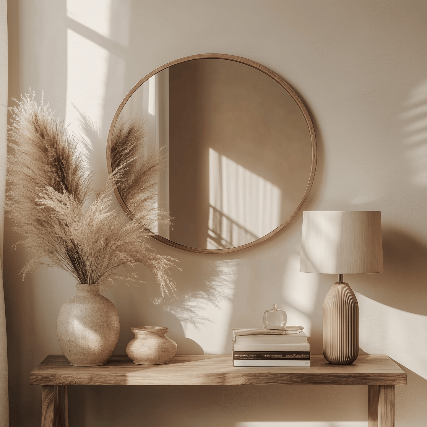 60cm Round Wooden Mirror - Kiaat displayed above a console table with neutral-toned decor, enhancing warm minimalist interiors.