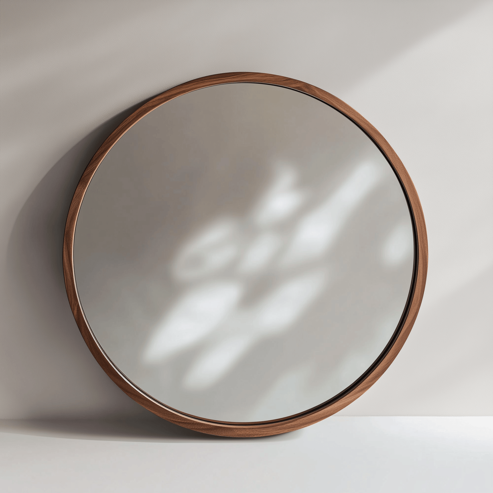 60cm Round Wooden Mirror - Kiaat leaning against a wall with soft natural light, showcasing its elegant circular wooden frame.