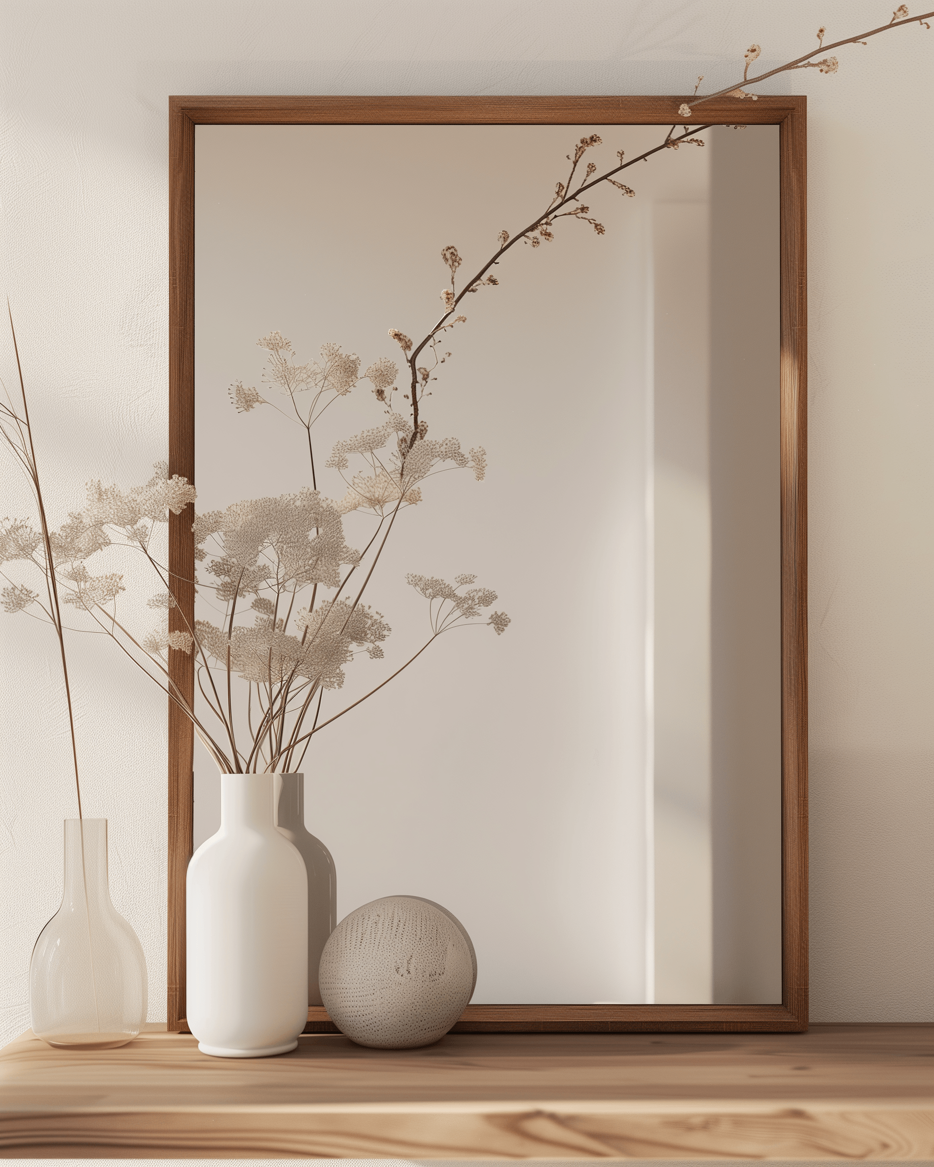 60 x 90 Wooden Kiaat Mirror styled on a wooden surface with ceramic vases and dried flowers, ideal for elegant wall decor.