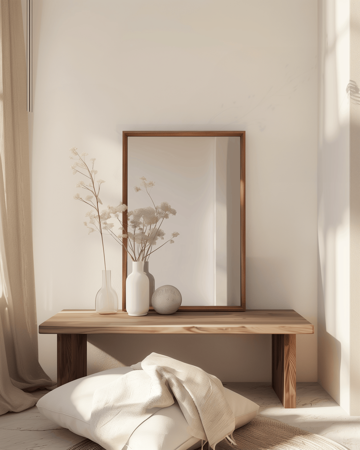 60 x 90 Wooden Kiaat Mirror placed on a wooden bench in a sunlit room, enhancing natural interior aesthetics with handcrafted charm.