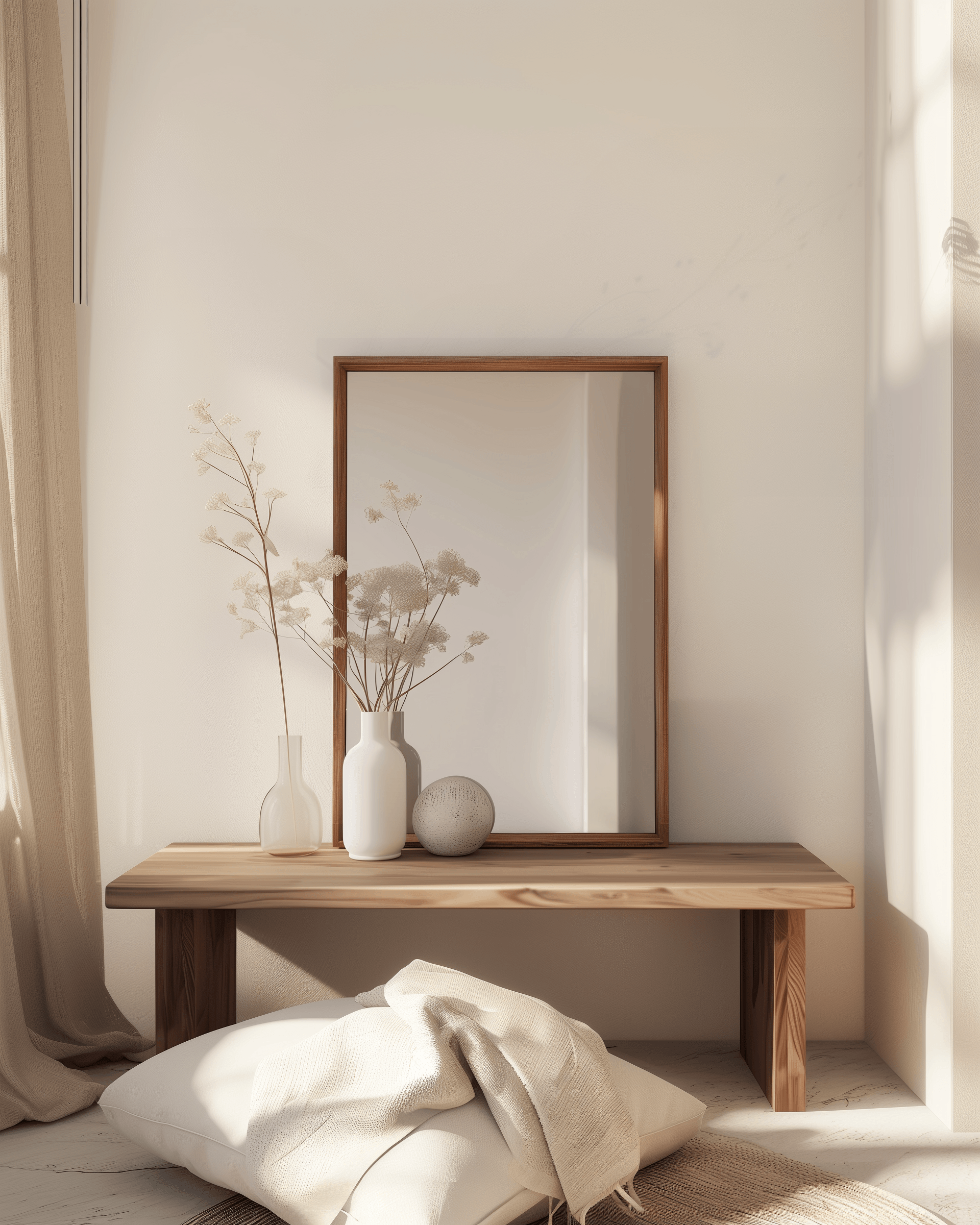 60 x 90 Wooden Kiaat Mirror placed on a wooden bench in a sunlit room, enhancing natural interior aesthetics with handcrafted charm.