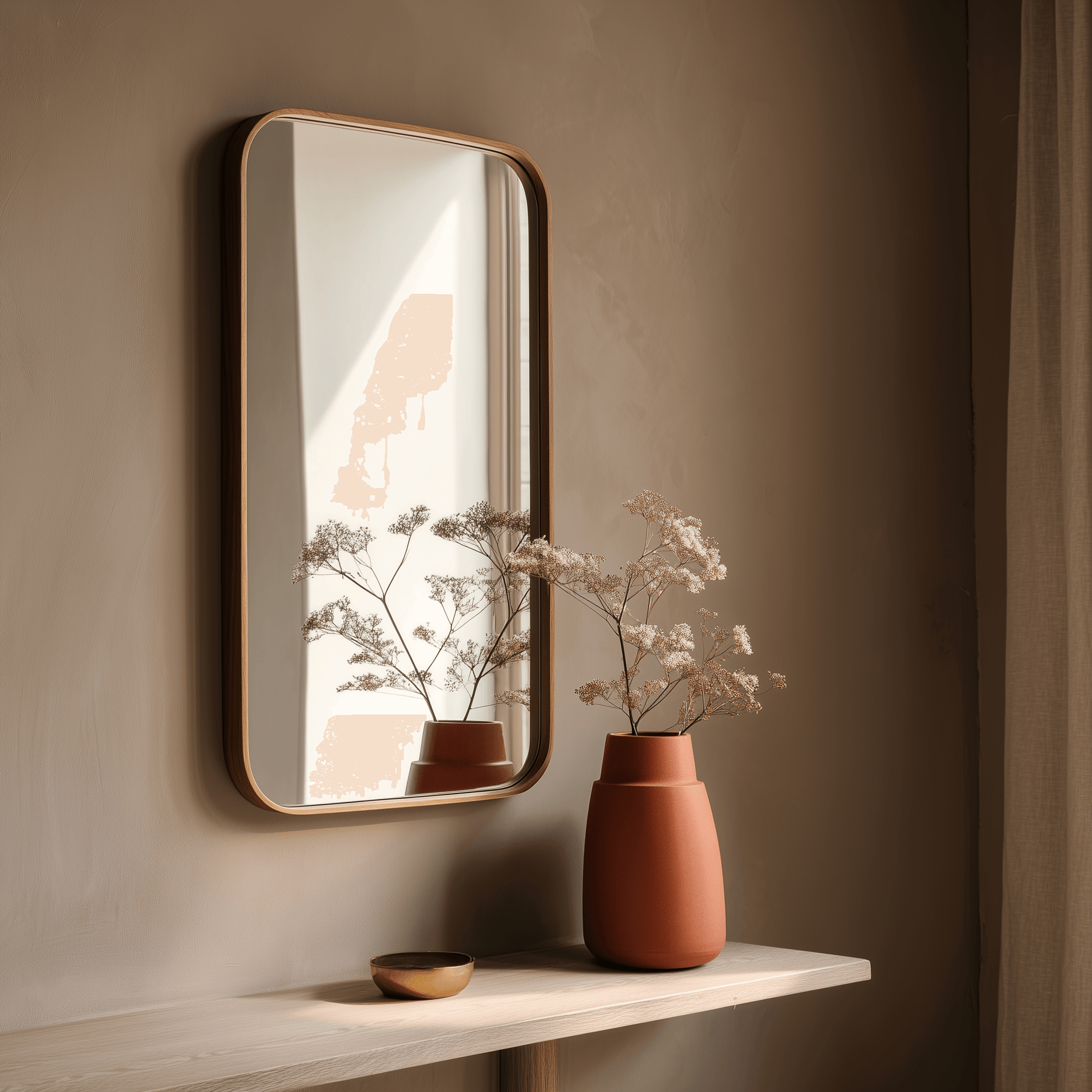 60 x 90 cm African Walnut wall mirror mounted above a console table with vases, adding warmth and balance to a neutral-toned room.