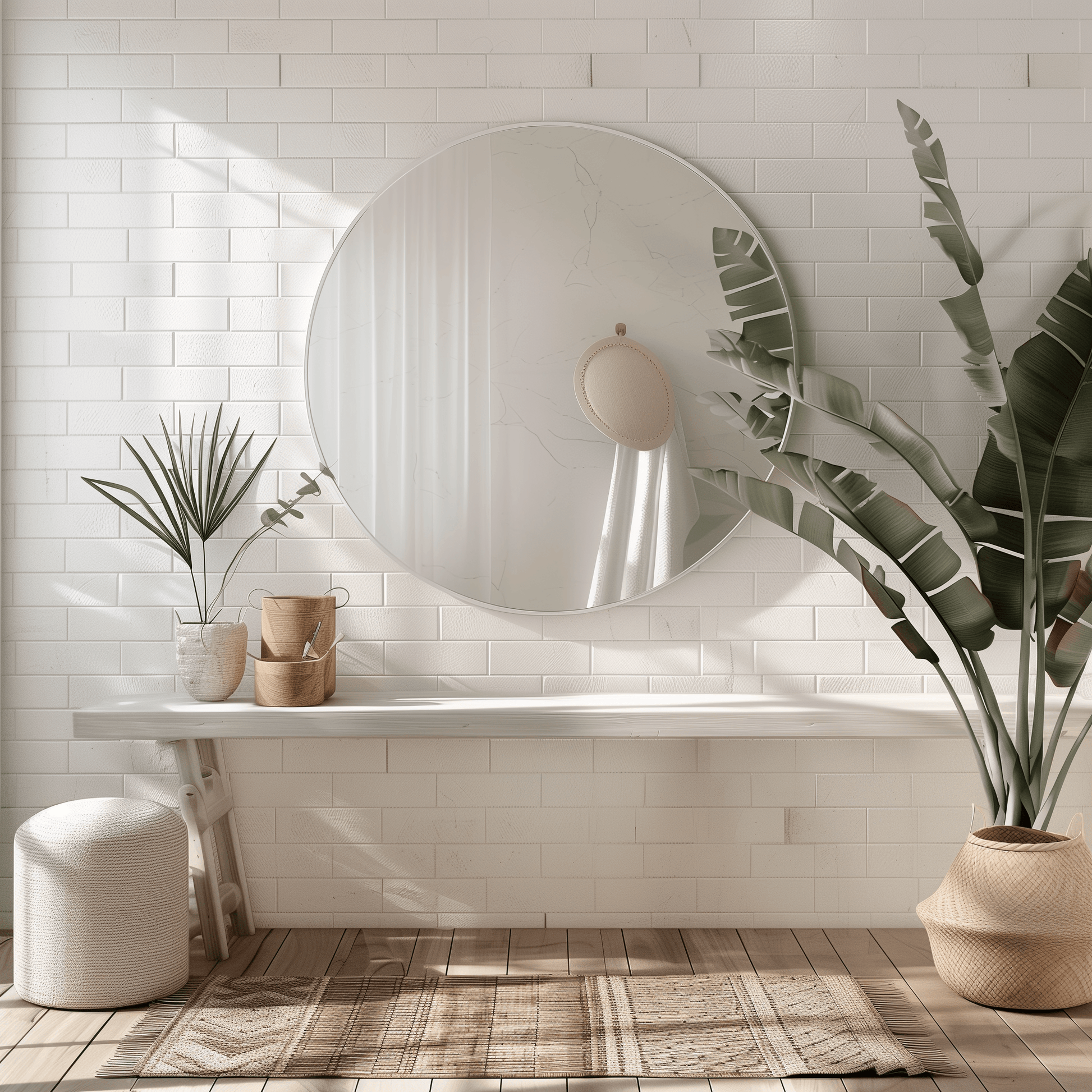 120cm Round Duo Mirror with white aluminium frame in a bright entryway, styled with natural decor and indoor plants.