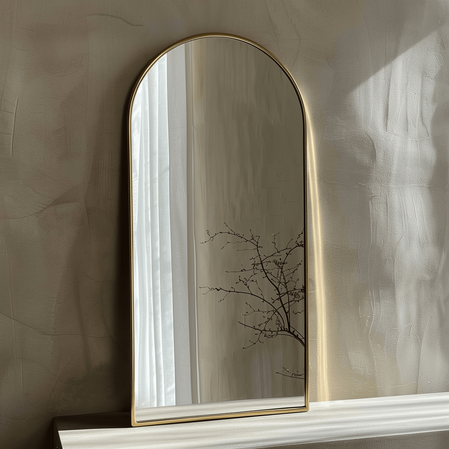 Gold-framed Arch 70 x 55cm Duo mirror reflecting soft light, adding elegance and warmth to a textured neutral wall.